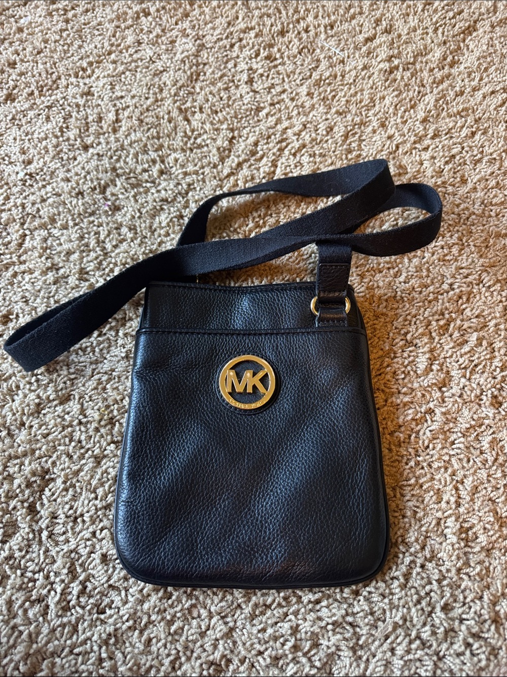 Michael Kors Black Leather MK Logo Messenger Bag with Gold Hardware